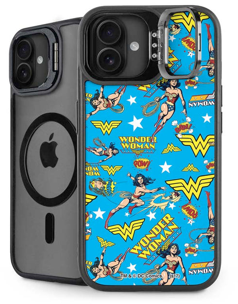 DC Comics Wonder Woman Action pose pattern iPhone 16 Plus Kickstand Case