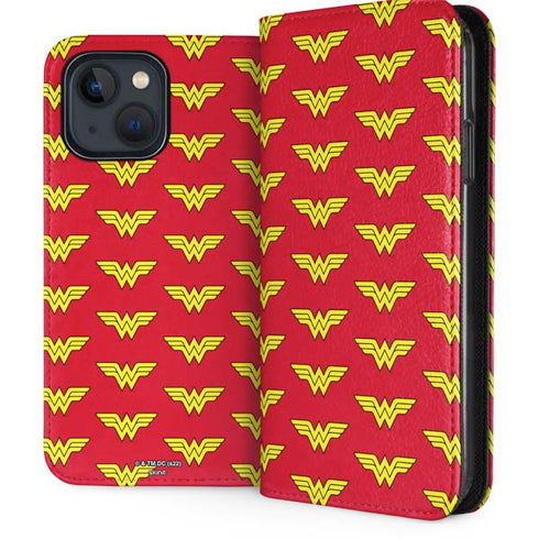 DC Comics Wonder Woman Logo Pattern iPhone 15 Plus Folio Case