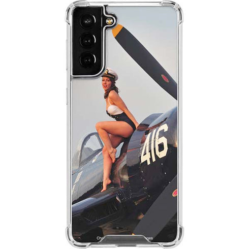 1940s Navy Pin-Up Girl On Corsair Fighter Plane Galaxy S21 FE Clear Case