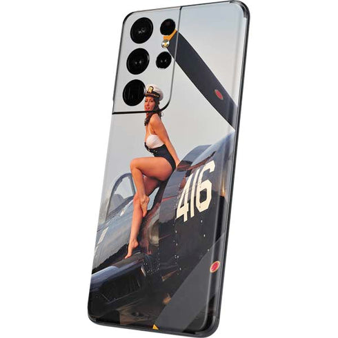 1940s Navy Pin-Up Girl On Corsair Fighter Plane Galaxy S21 Ultra 5G Skin
