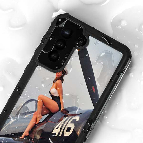 1940s Navy Pin-Up Girl On Corsair Fighter Plane Galaxy S23 Plus Waterproof Case