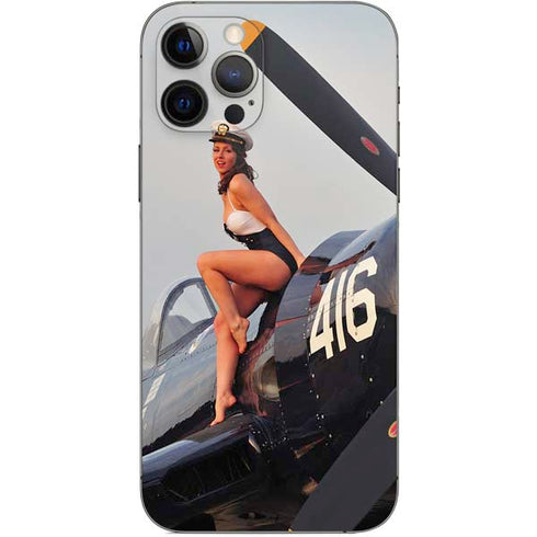 1940s Navy Pin-Up Girl On Corsair Fighter Plane iPhone 12 Pro Skin