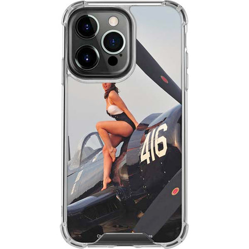 1940s Navy Pin-Up Girl On Corsair Fighter Plane iPhone 14 Pro Clear Case