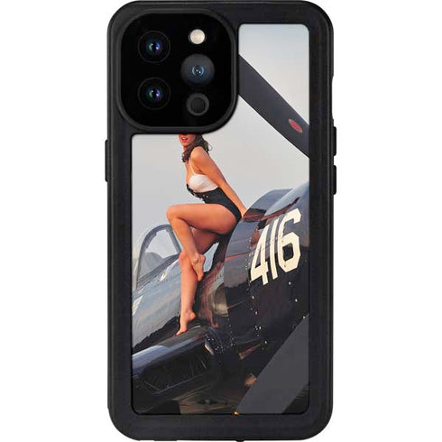 1940s Navy Pin-Up Girl On Corsair Fighter Plane iPhone 14 Pro Max Waterproof Case