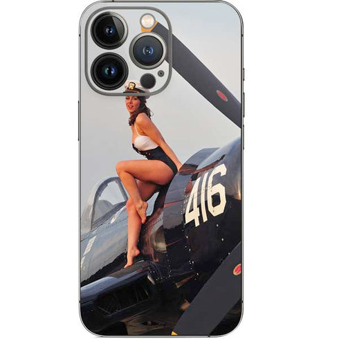 1940s Navy Pin-Up Girl On Corsair Fighter Plane iPhone 15 Pro Skin