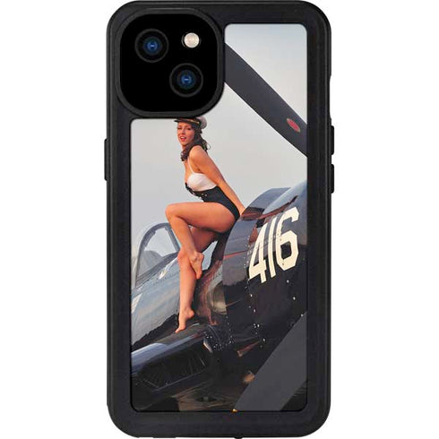 1940s Navy Pin-Up Girl On Corsair Fighter Plane iPhone 15 Plus Waterproof Case