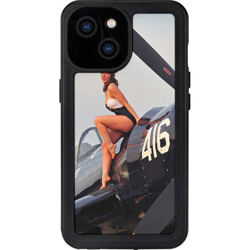 1940s Navy Pin-Up Girl On Corsair Fighter Plane iPhone 15 Waterproof Case