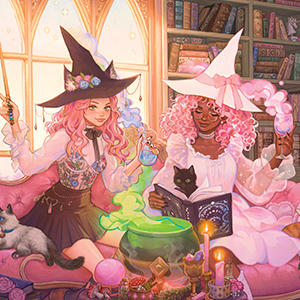 Pink Anime Witch Girls in Library with Cats by Ivy Dolamore Wii Remote Controller Skin