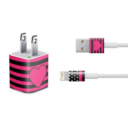 Polka Dots and Stripes Heart in Pink iPhone Charger (5W USB) Skin