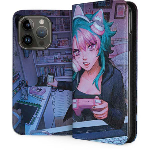 Anime Catgirl Gamer Nerd by Ivy Dolamore iPhone 15 Pro Folio Case