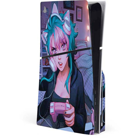 Anime Catgirl Gamer Nerd by Ivy Dolamore PS5 Slim Disk Console Skin