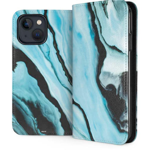Aqua Blue Marble Ink iPhone 15 Plus Folio Case