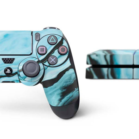 Aqua Blue Marble Ink PS4 Console and Controller Bundle Skin