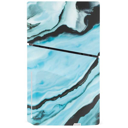 Aqua Blue Marble Ink PS5 Slim Disk Bundle Skin