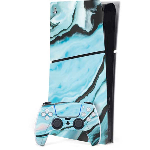 Aqua Blue Marble Ink PS5 Slim Digital Edition Console Skin