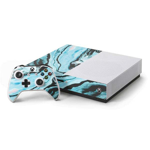 Aqua Blue Marble Ink Xbox One S Console and Controller Bundle Skin