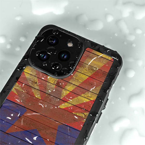 Arizona Flag Dark Wood iPhone 14 Pro Max Waterproof Case