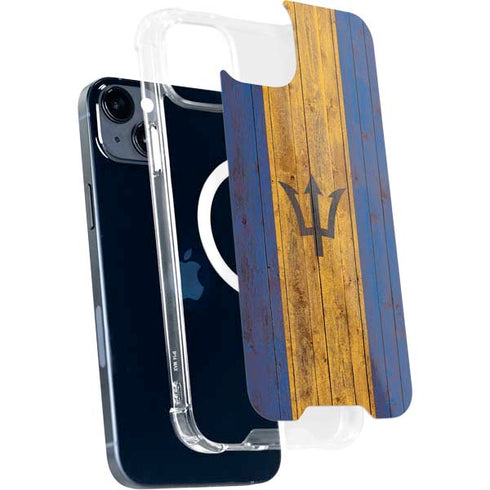 Barbados Flag Dark Wood iPhone 15 Plus MagSafe Case