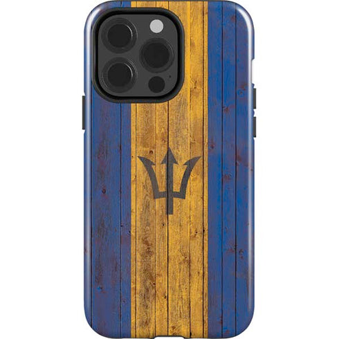 Barbados Flag Dark Wood iPhone 14 Pro Impact Case