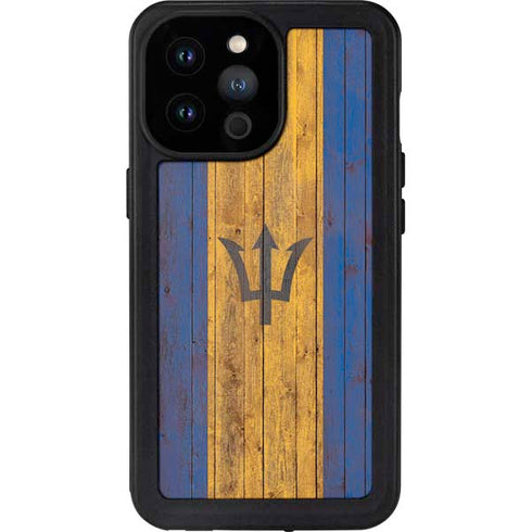 Barbados Flag Dark Wood iPhone 14 Pro Max Waterproof Case