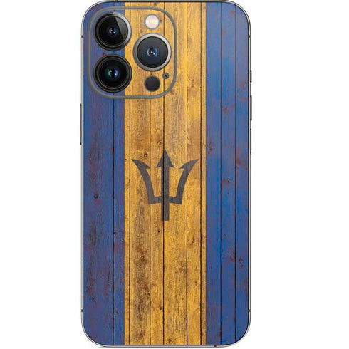 Barbados Flag Dark Wood iPhone 14 Pro Skin