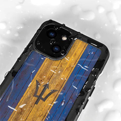 Barbados Flag Dark Wood iPhone 15 Waterproof Case