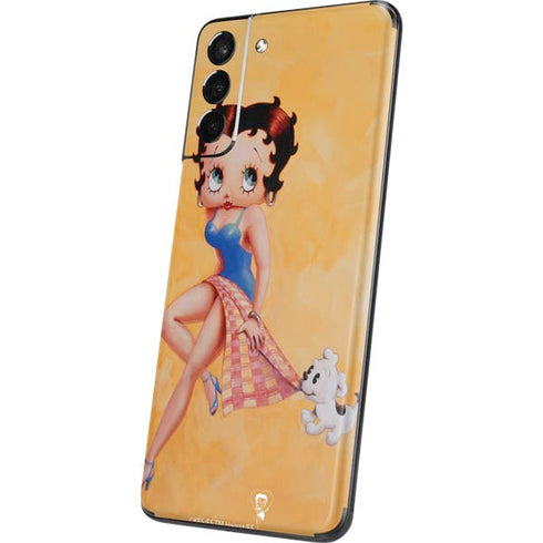 Betty Boop With Puppy Orange Background Galaxy S21 Plus 5G Skin