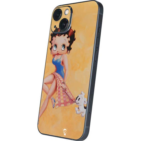 Betty Boop With Puppy Orange Background iPhone 14 Plus Skin