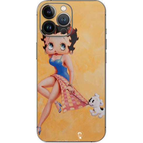 Betty Boop With Puppy Orange Background iPhone 14 Pro Max Skin