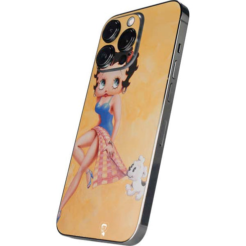 Betty Boop With Puppy Orange Background iPhone 14 Pro Skin