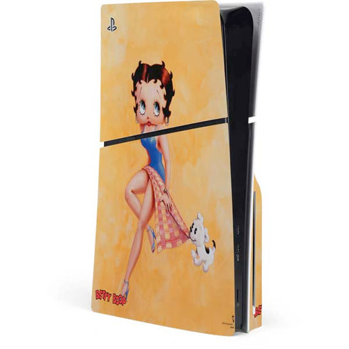 Betty Boop With Puppy Orange Background PS5 Slim Disk Console Skin