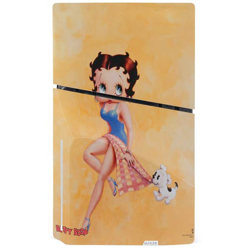 Betty Boop With Puppy Orange Background PS5 Slim Disk Console Skin