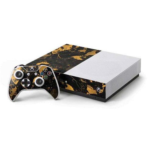 Black and Gold Scattered Marble Xbox One S Console and Controller Bundle Skin
