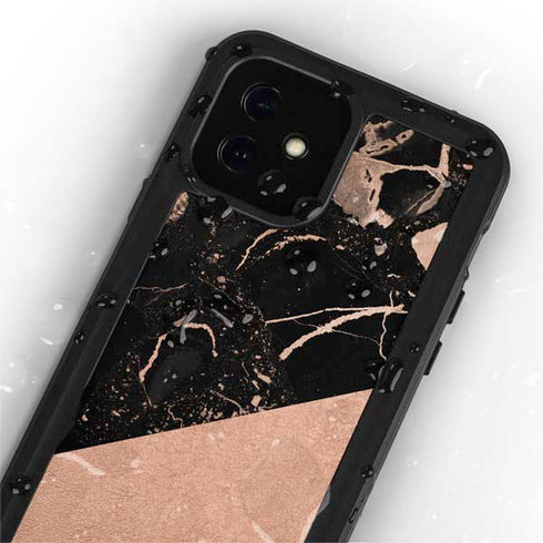 Black and Rose Gold Marble Split iPhone 12 Mini Waterproof Case