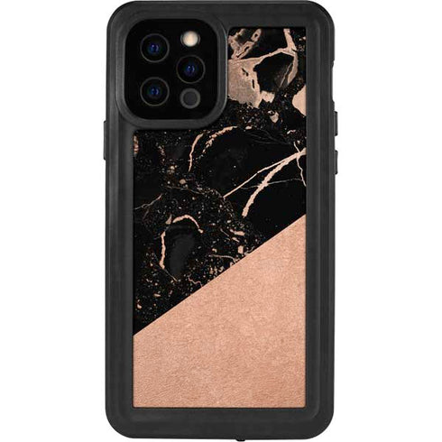 Black and Rose Gold Marble Split iPhone 12 Pro Waterproof Case