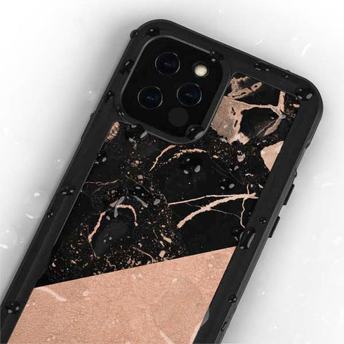 Black and Rose Gold Marble Split iPhone 12 Pro Waterproof Case