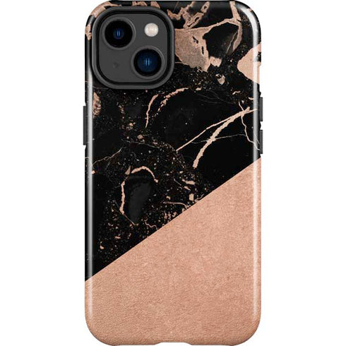 Black and Rose Gold Marble Split iPhone 15 Plus Impact Case