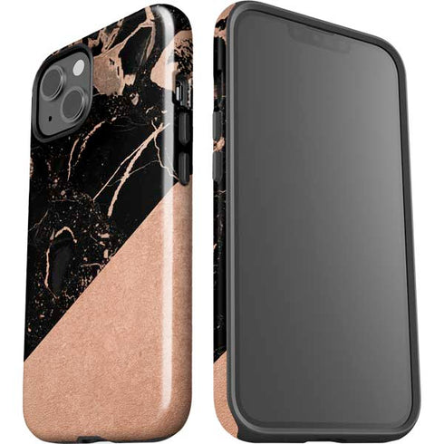 Black and Rose Gold Marble Split iPhone 14 Plus Impact Case