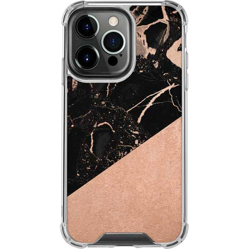 Black and Rose Gold Marble Split iPhone 15 Pro Clear Case