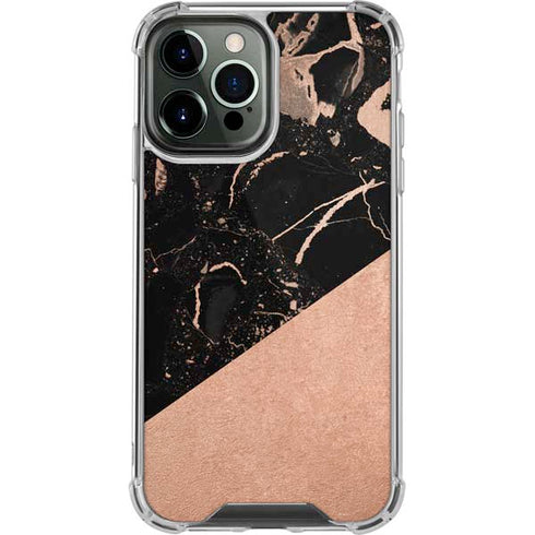 Black and Rose Gold Marble Split iPhone 15 Pro Max Clear Case