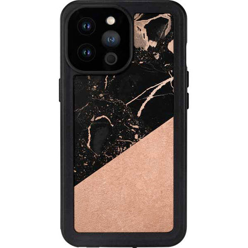 Black and Rose Gold Marble Split iPhone 14 Pro Max Waterproof Case