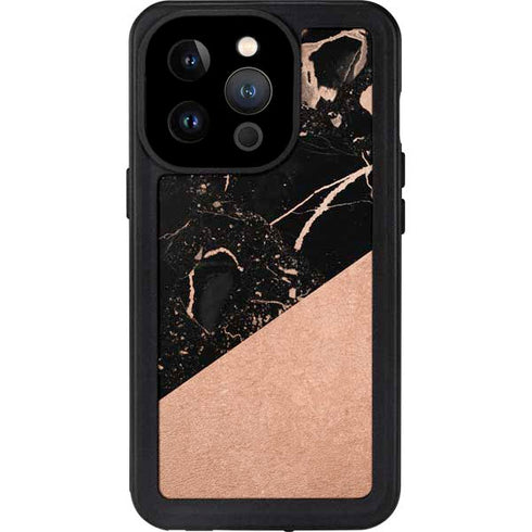 Black and Rose Gold Marble Split iPhone 14 Pro Waterproof Case