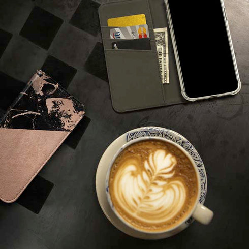 Black and Rose Gold Marble Split iPhone 15 Pro Folio Case