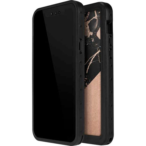 Black and Rose Gold Marble Split iPhone 15 Pro Waterproof Case