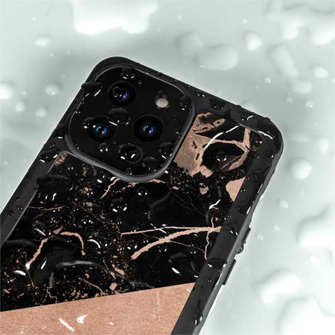 Black and Rose Gold Marble Split iPhone 15 Pro Waterproof Case