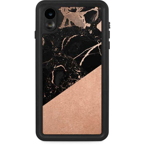 Black and Rose Gold Marble Split iPhone XR Waterproof Case