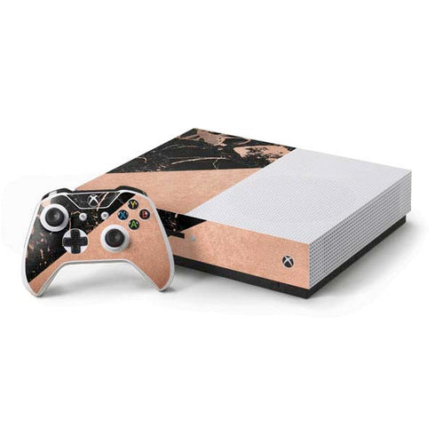 Black and Rose Gold Marble Split Xbox One S Console and Controller Bundle Skin