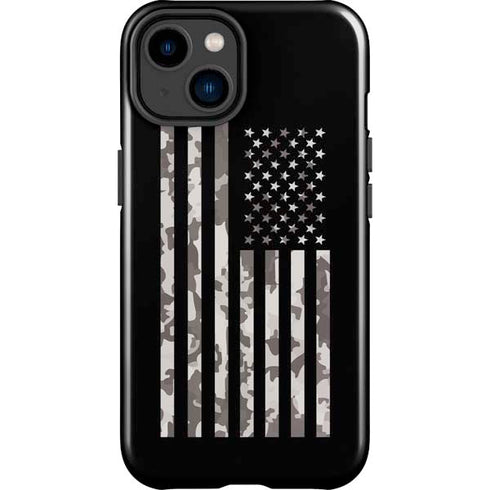 Black and White Camo American Flag iPhone 15 Plus Impact Case