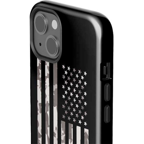 Black and White Camo American Flag iPhone 15 Plus Impact Case