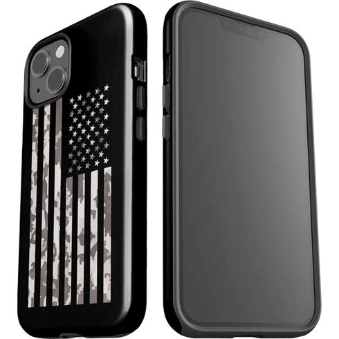 Black and White Camo American Flag iPhone 15 Plus Impact Case